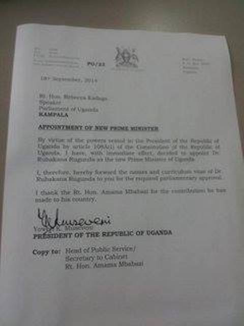 President Museveni's letter to Rt. Hon. Speaker Rebecca Kadaga regarding the appointment