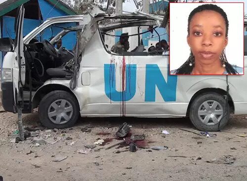 The UN van that was attacked. Inset is Ms Brenda Kyeyune (RIP)