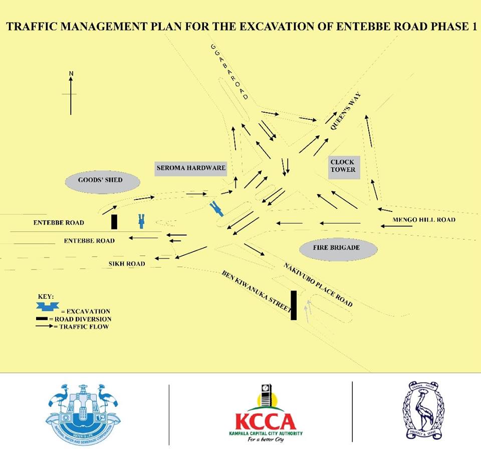 Planned Excavation and Traffic Diversion along Entebbe Road from 23rd August to 9th September 2018