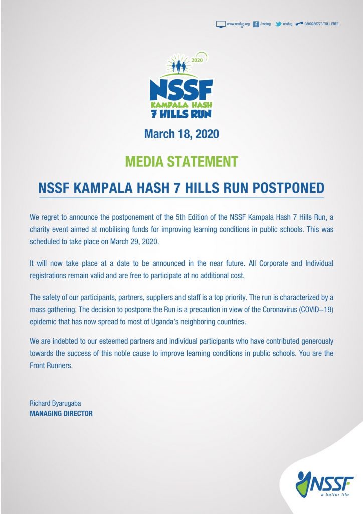  NSSF Kampala Hash 7 Hills run postponed
