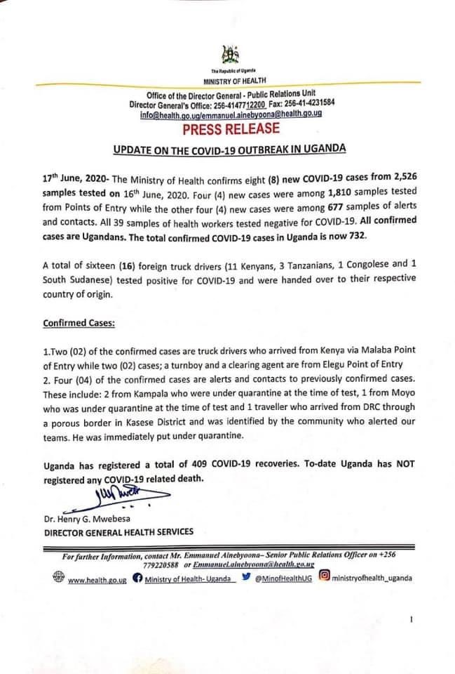  Uganda gets 8 new cases of COVID-19