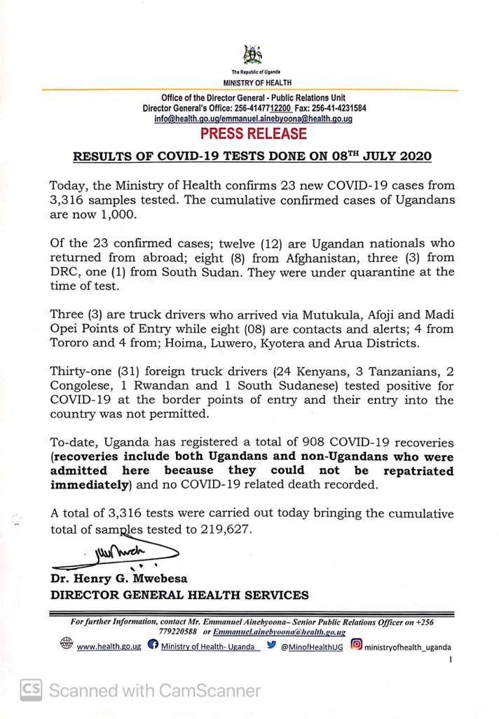 Uganda COVID-19 cases clock to 1000 as 23 new cases are registered
