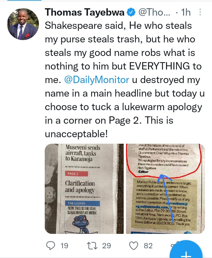  Government Chief Whip Thomas Tayebwa rejects Daily Monitor apology