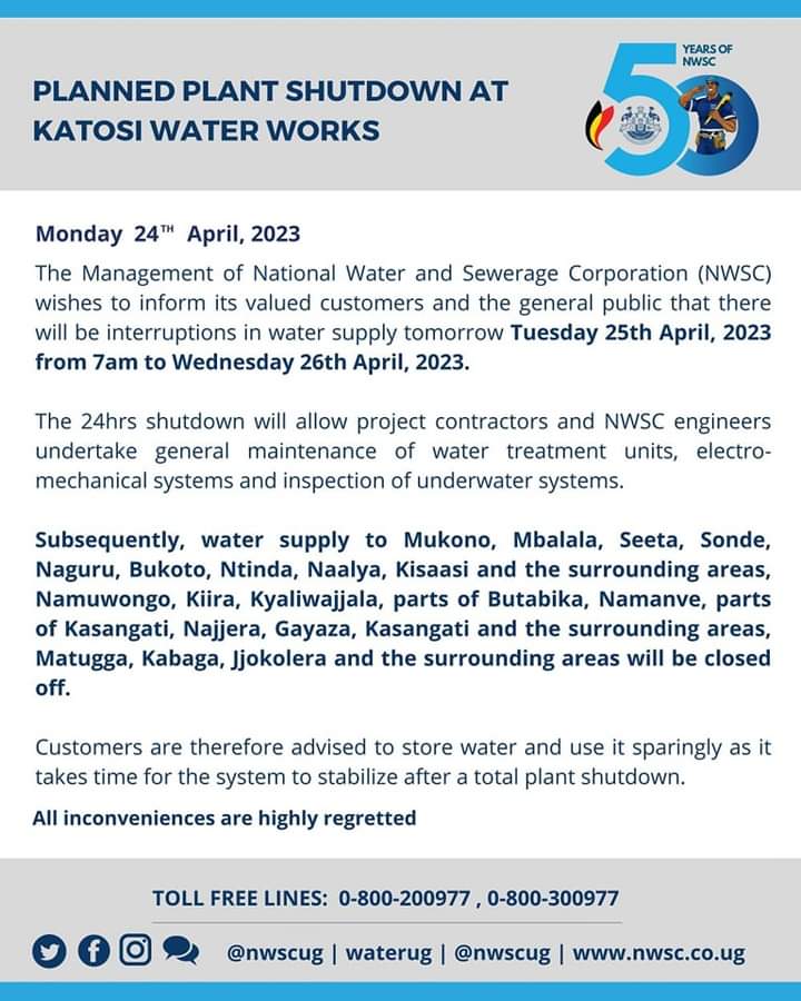 Planned Plant Shutdown At Katosi Water Works