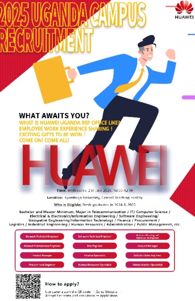 Huawei Technologies Uganda seeks to support ambitious graduates to unlock their career potential through the 2025 Campus Recruitment Program Huawei Technologies Uganda seeks to support ambitious graduates to unlock their career potential through the 2025 Campus Recruitment Program