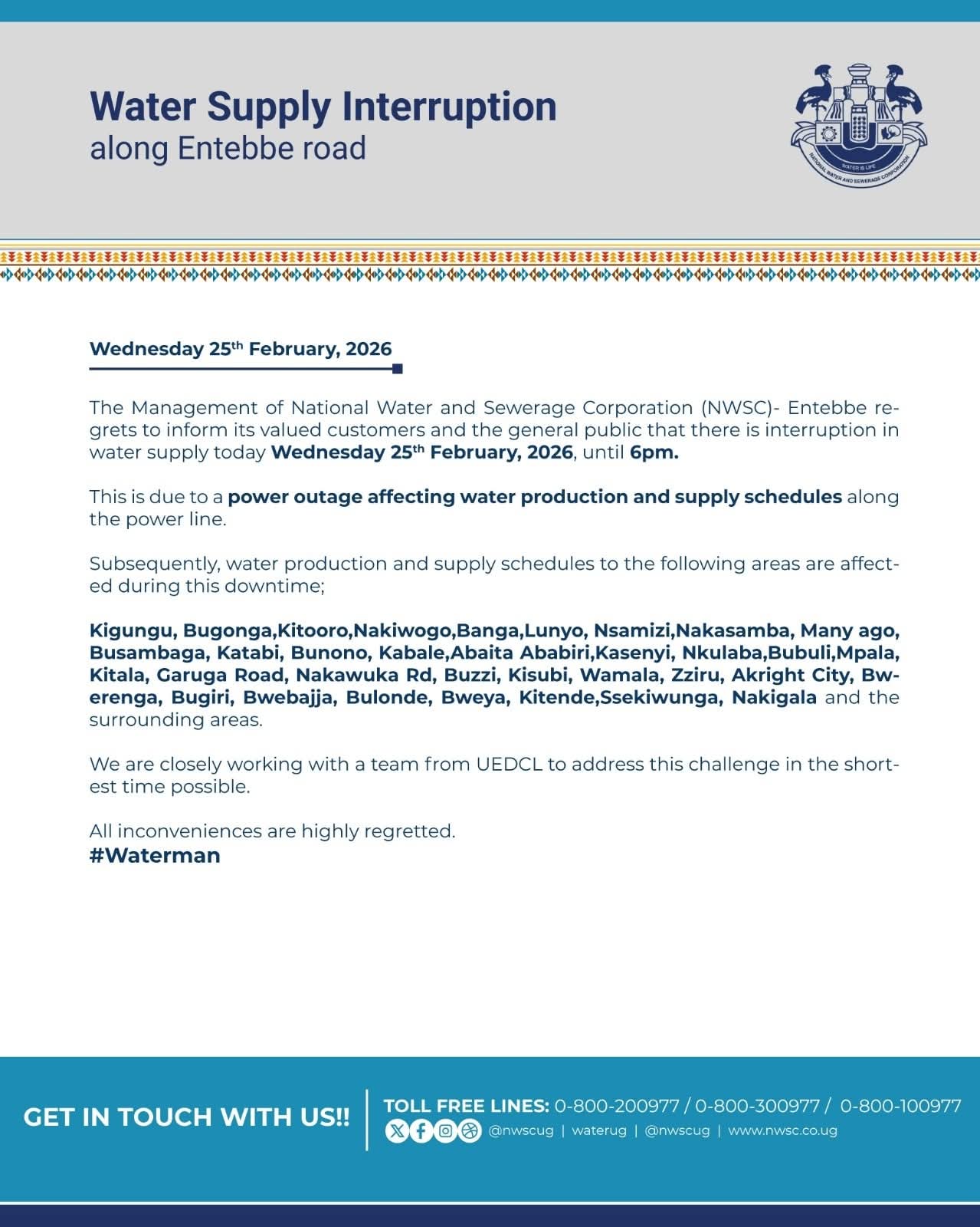  NWSC releases statement explaining Water Supply Interruptions along Entebbe Road