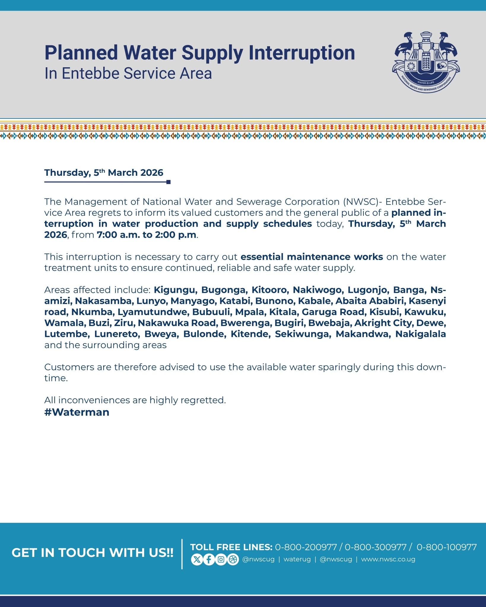  NWSC explains why there is Water Supply Interruptions along Entebbe road