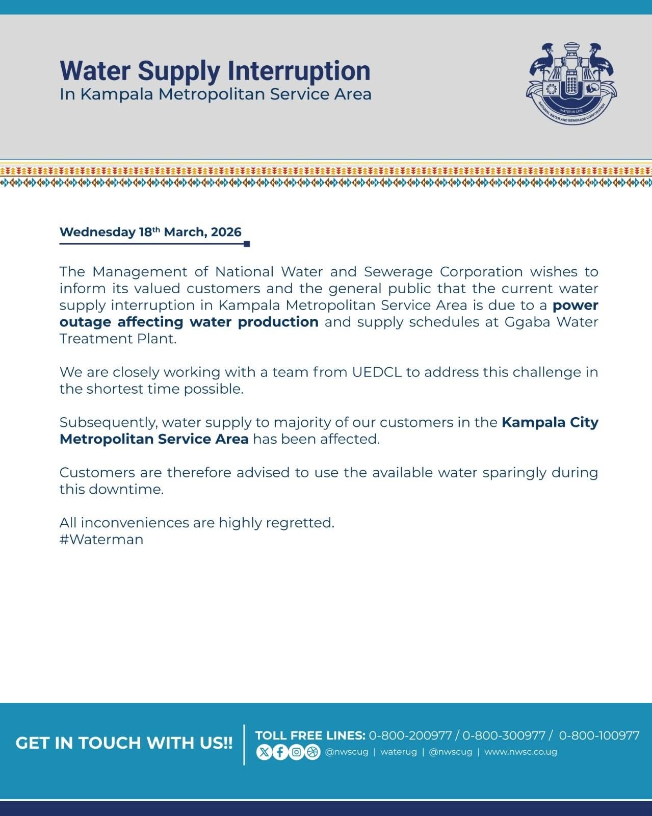  NWSC on why there is Water Supply interruptions in Kampala Metropolitan Service Area