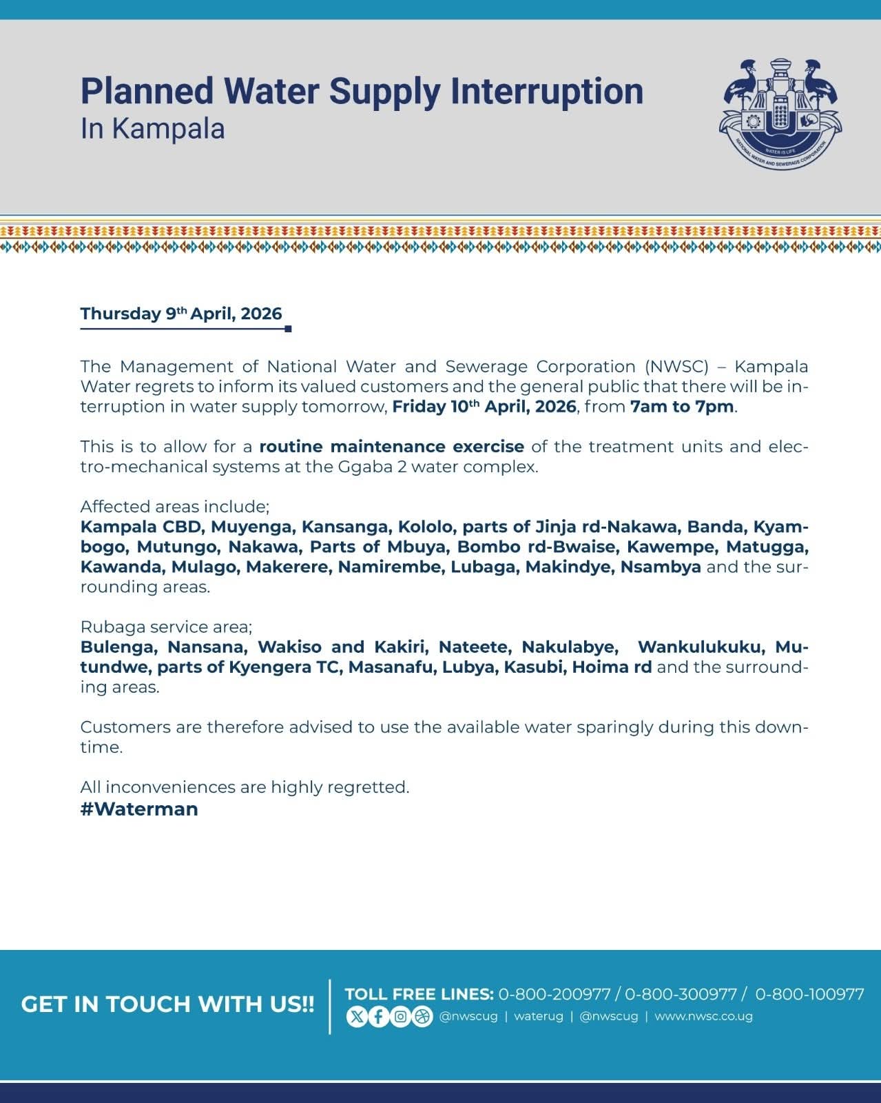  NWSC announces planned Water Supply interruption in Kampala
