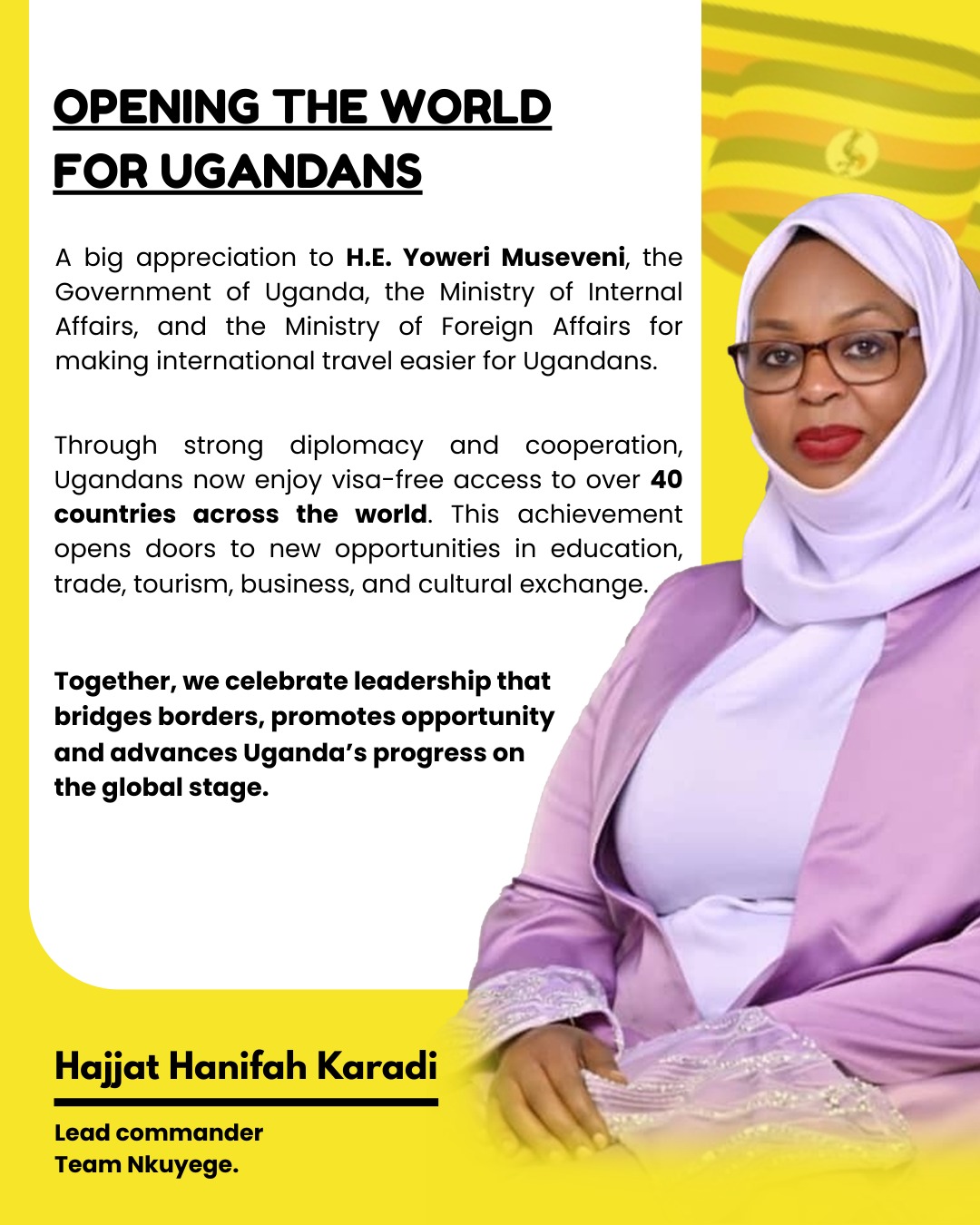 Hajjat Hanifah Karadi hails President M7 for opening the world for Ugandans
